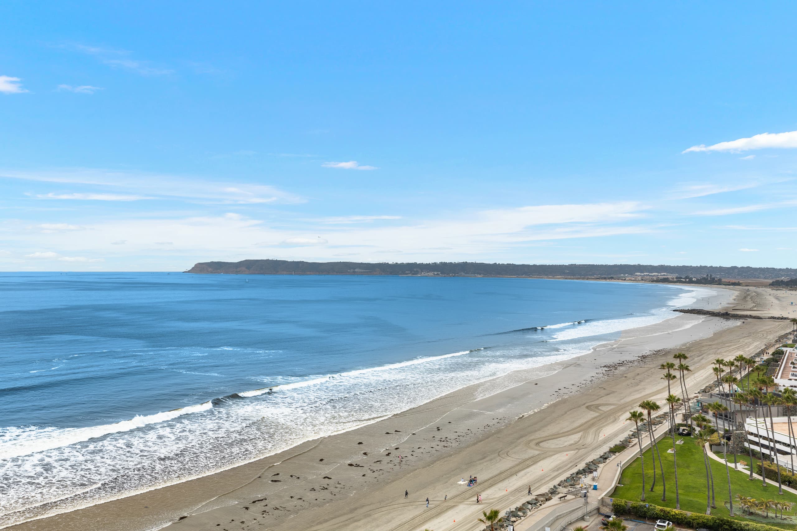 Aerial view of the Coronado coastline toward Point Loma