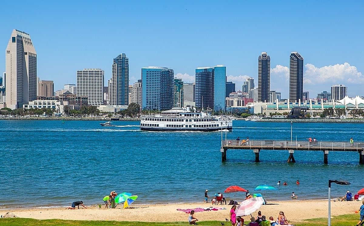 The downtown San Diego skyline across the bay from Coronado Ferry Landing